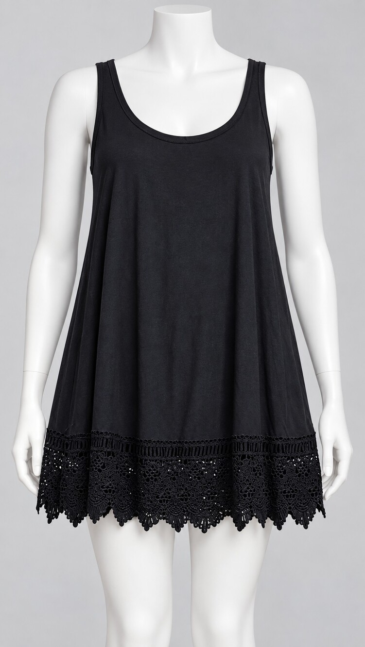 Black Sleeveless 1XL Tank Top with Lace Trim Hem Polyester